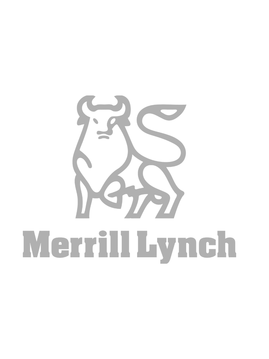 Gray logo featuring a stylized bull with curved horns and a muscular stance, with the text "Merrill Lynch" underneath.