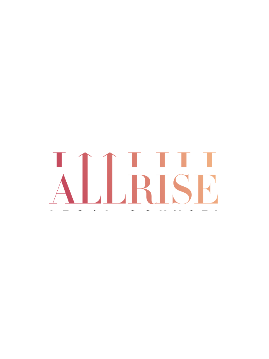 The word 'ALL RISE' written in large 3D pink, red, and orange letters with colorful abstract shapes behind it.