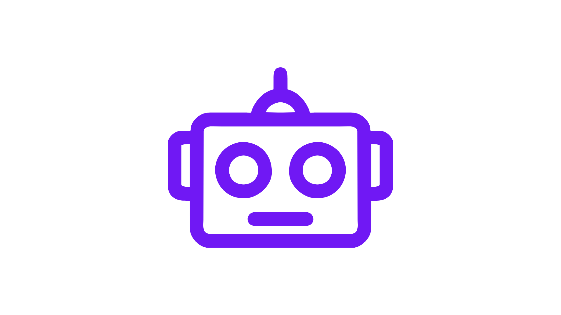 Neon outline of a robot's face in purple on a black background.