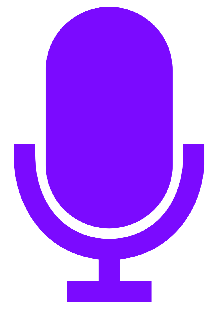 A large, purple microphone icon on a black background.