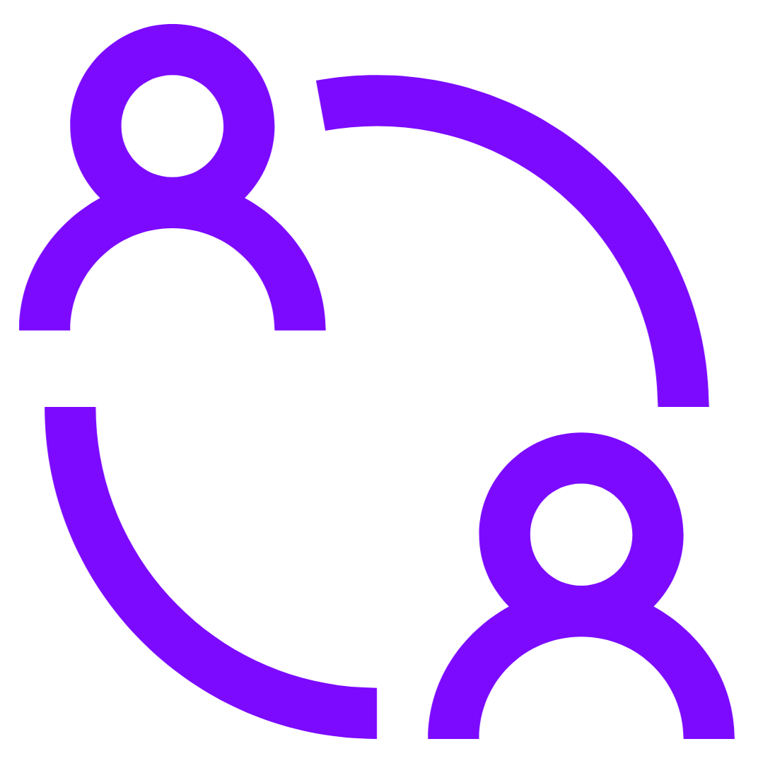 Icon of two purple human figures connected in a circular arrangement.