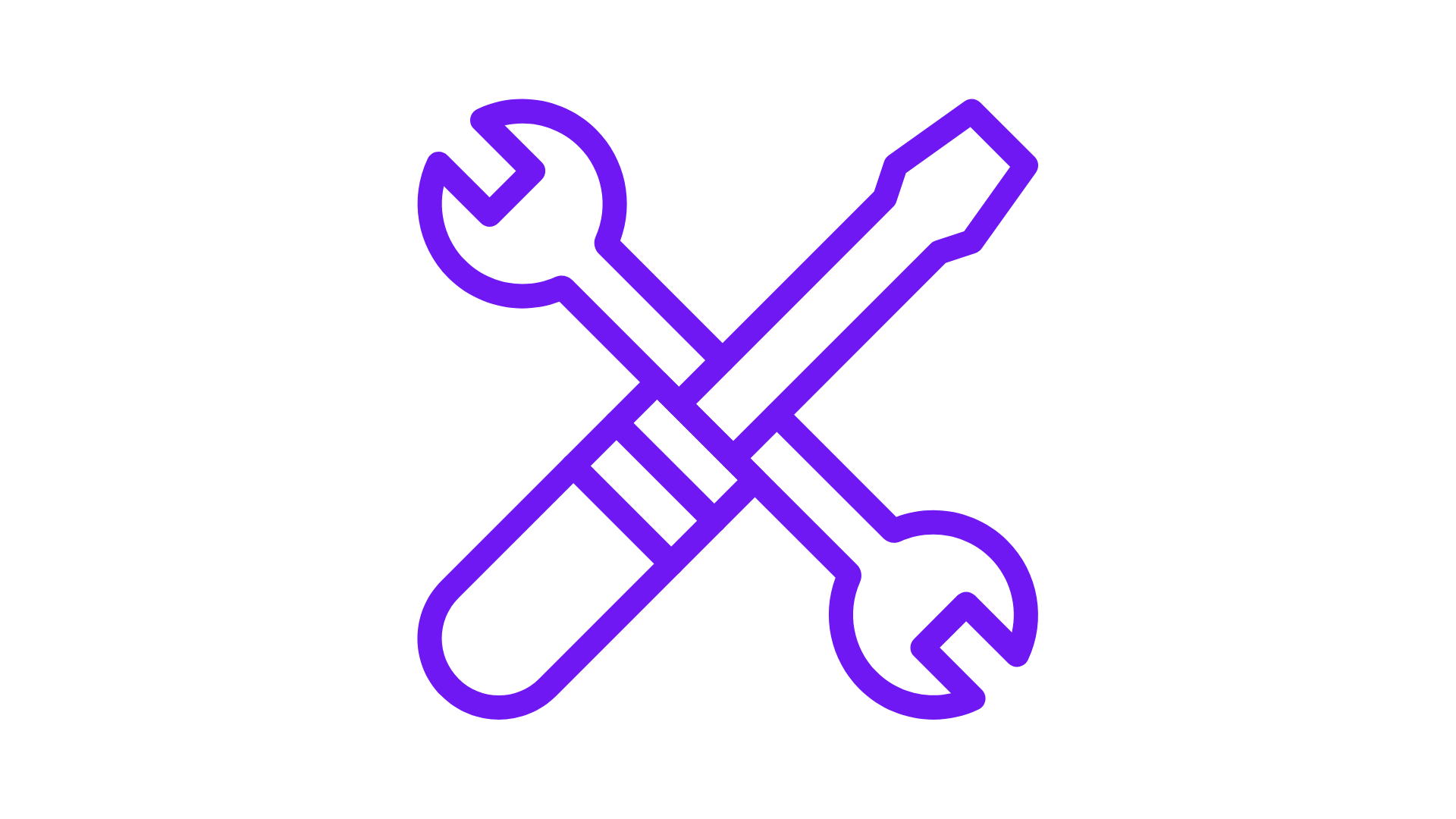 Neon-style graphic of a wrench and screwdriver crossed over each other, outlined in purple on a black background.