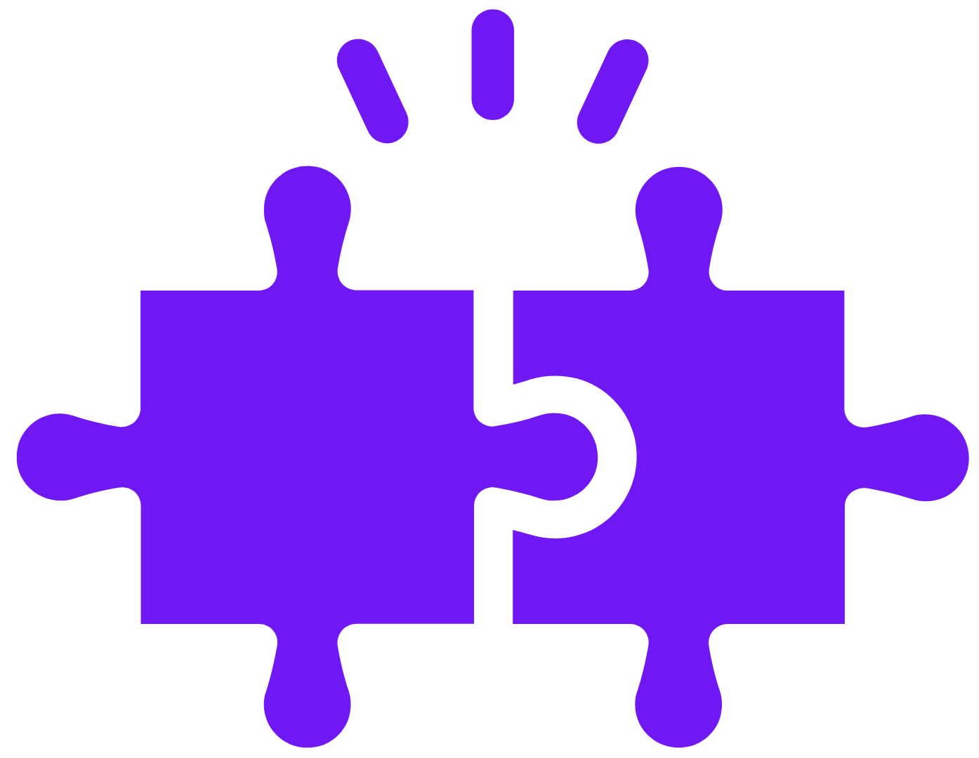 Two interlocking purple puzzle pieces with three small lines above, symbolizing connection or teamwork.