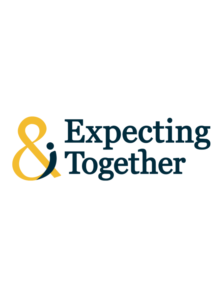 The logo features a stylized ampersand in yellow and dark blue, with the words '& Expecting & Together' written below it in dark blue text.