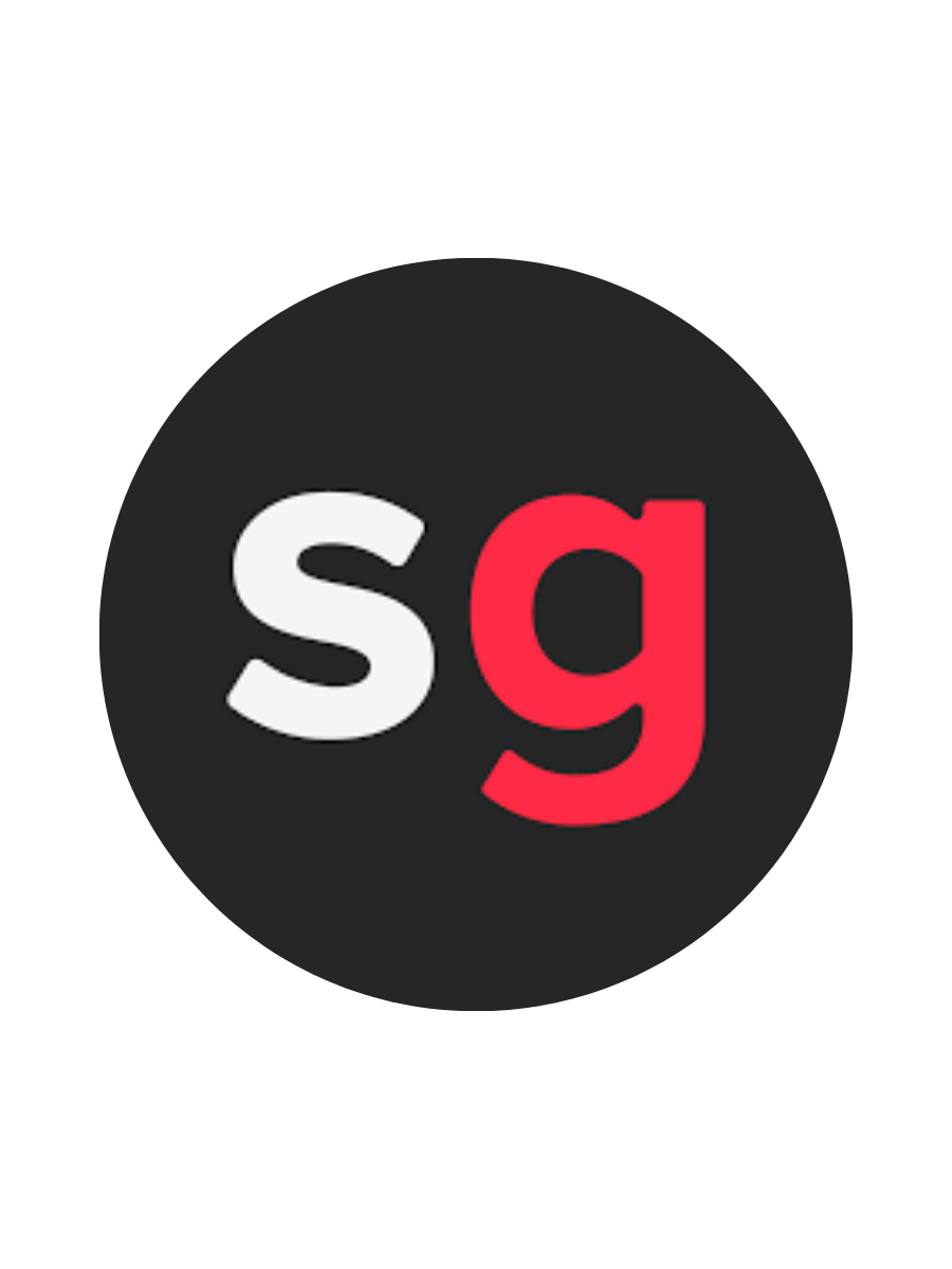 A circular logo with a black background, featuring the letters 's' in white and 'g' in red.