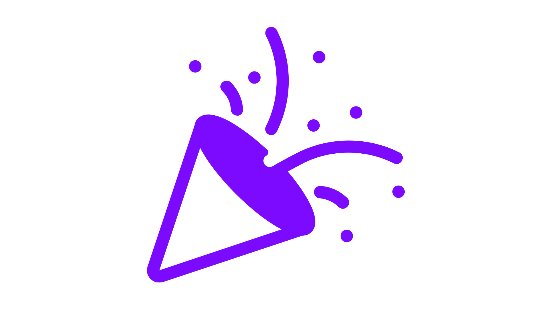 Purple outline of a party popper releasing confetti and streamers on a black background.
