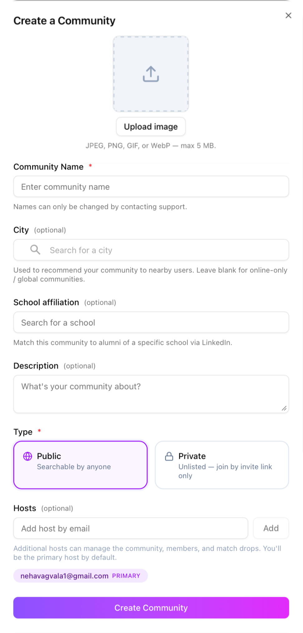 Screenshot of a form titled 'Create a Community' with fields for uploading an image, entering a community name, optional city, school affiliation, description, and options to select community type as 'Public' or 'Private'. The form includes a 'Create Community' button at the bottom.