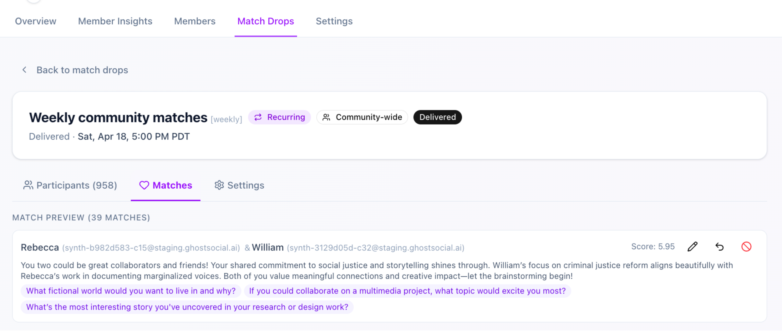 Screenshot of an online community matching platform showing a weekly community match scheduled for April 18 at 5:00 PM PDT, with a list of participant matches and discussion questions.