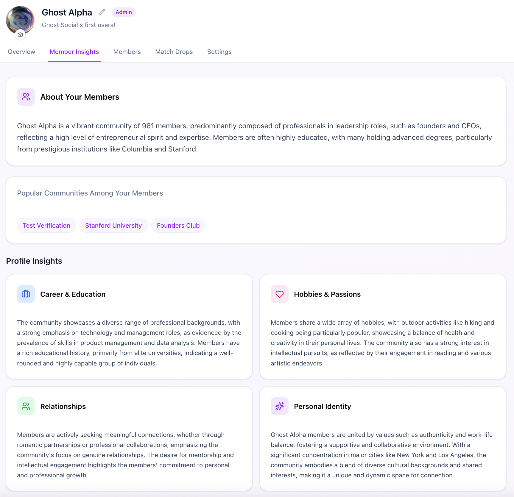 Screenshot of a social network profile page for Ghost Alpha, with tabs for Overview, Member Insights, Members, Match Drops, and Settings. The profile displays community information, popular groups, and personal insights related to career, hobbies, relationships, and identity.