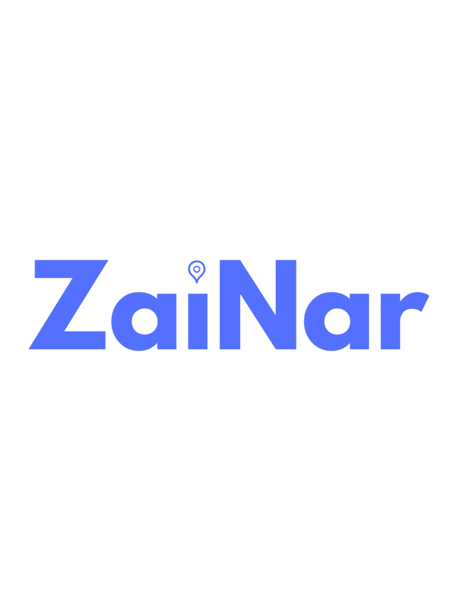 A logo with the word 'ZaiNar' in blue text, a location pin above the letter 'i', and a black background.