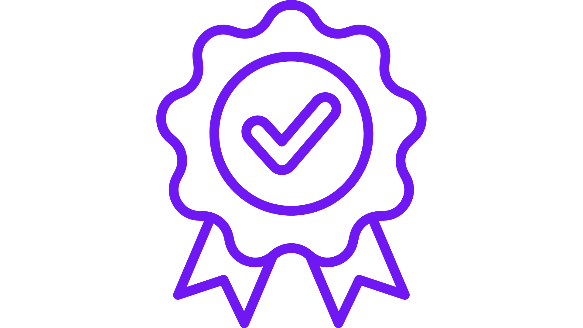 Neon purple award ribbon with checkmark in the center on a black background.