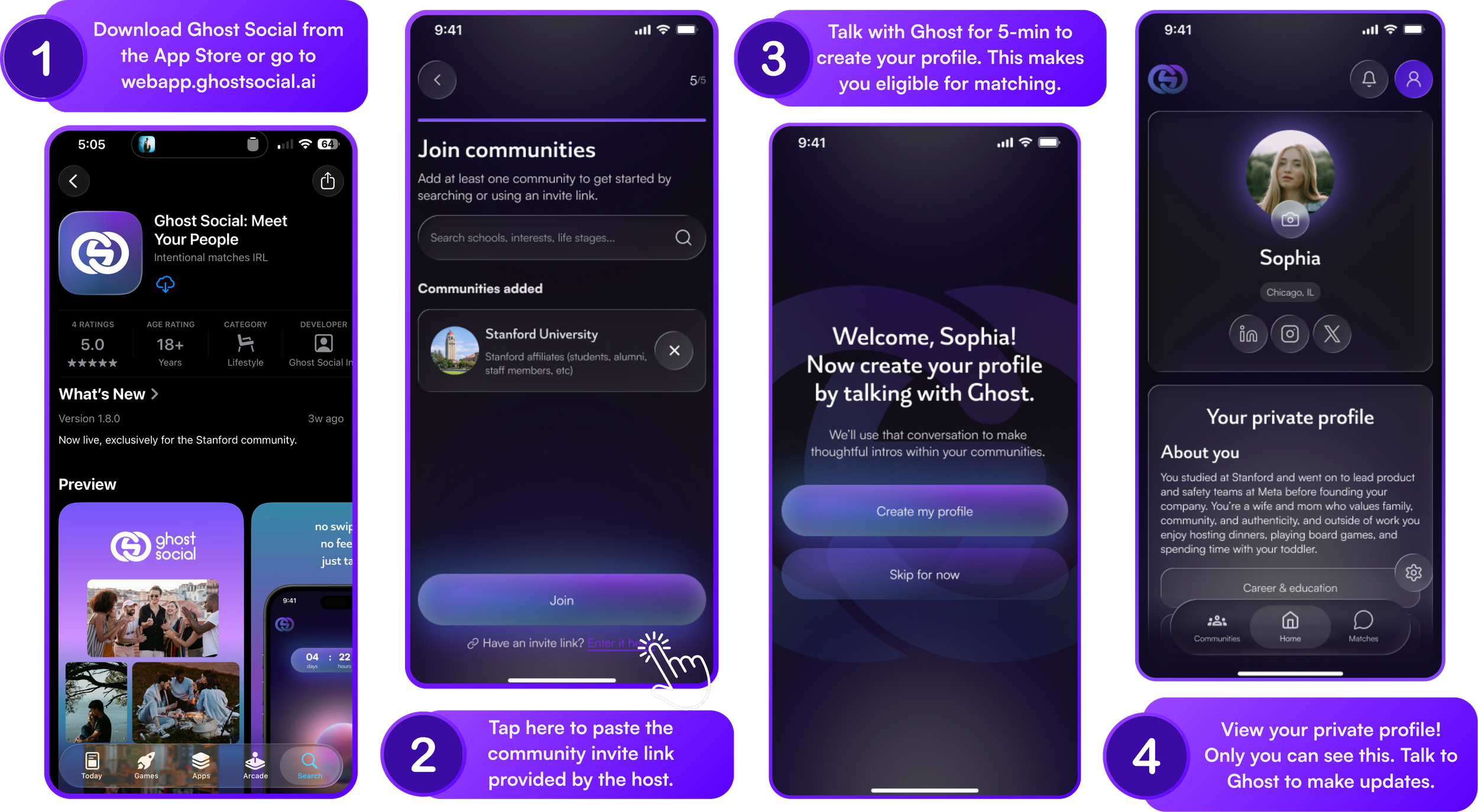 Screenshots demonstrating the steps to create a profile on Ghost Social app, including downloading the app, joining communities, creating a profile by talking with Ghost, and viewing the private profile.