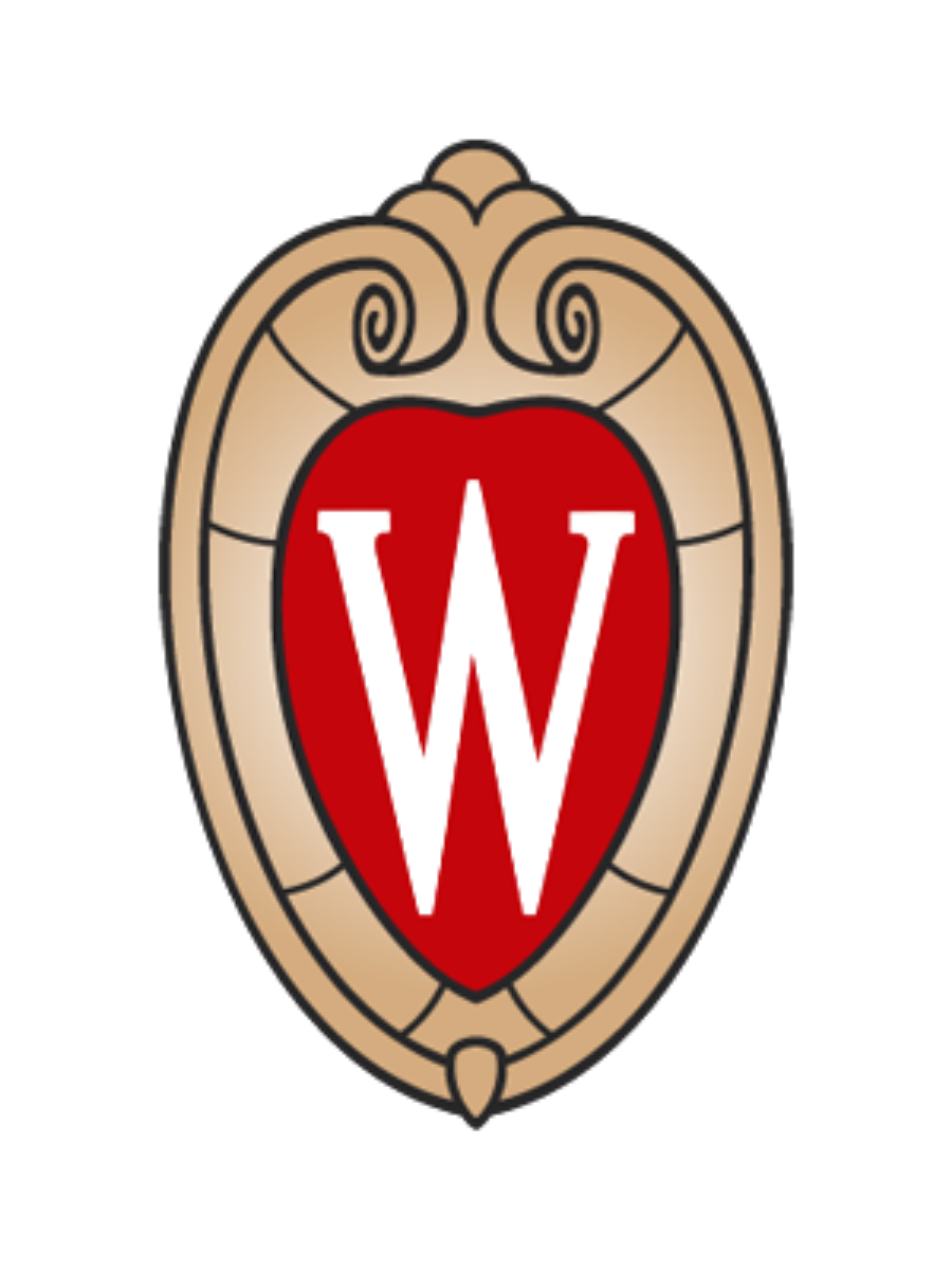 A shield with a red background, a black letter 'W' in the center, and a beige ornate border with swirling details.