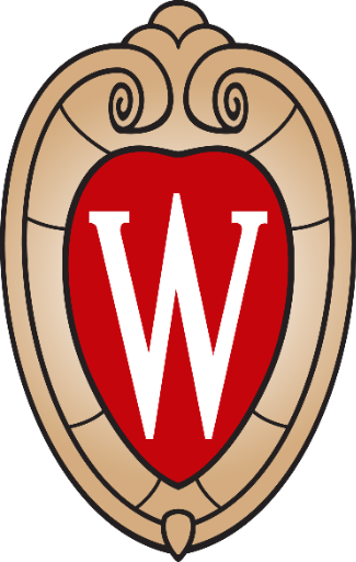 A crest featuring a red shield with a large white letter 'W' in the center, surrounded by an ornate beige border.