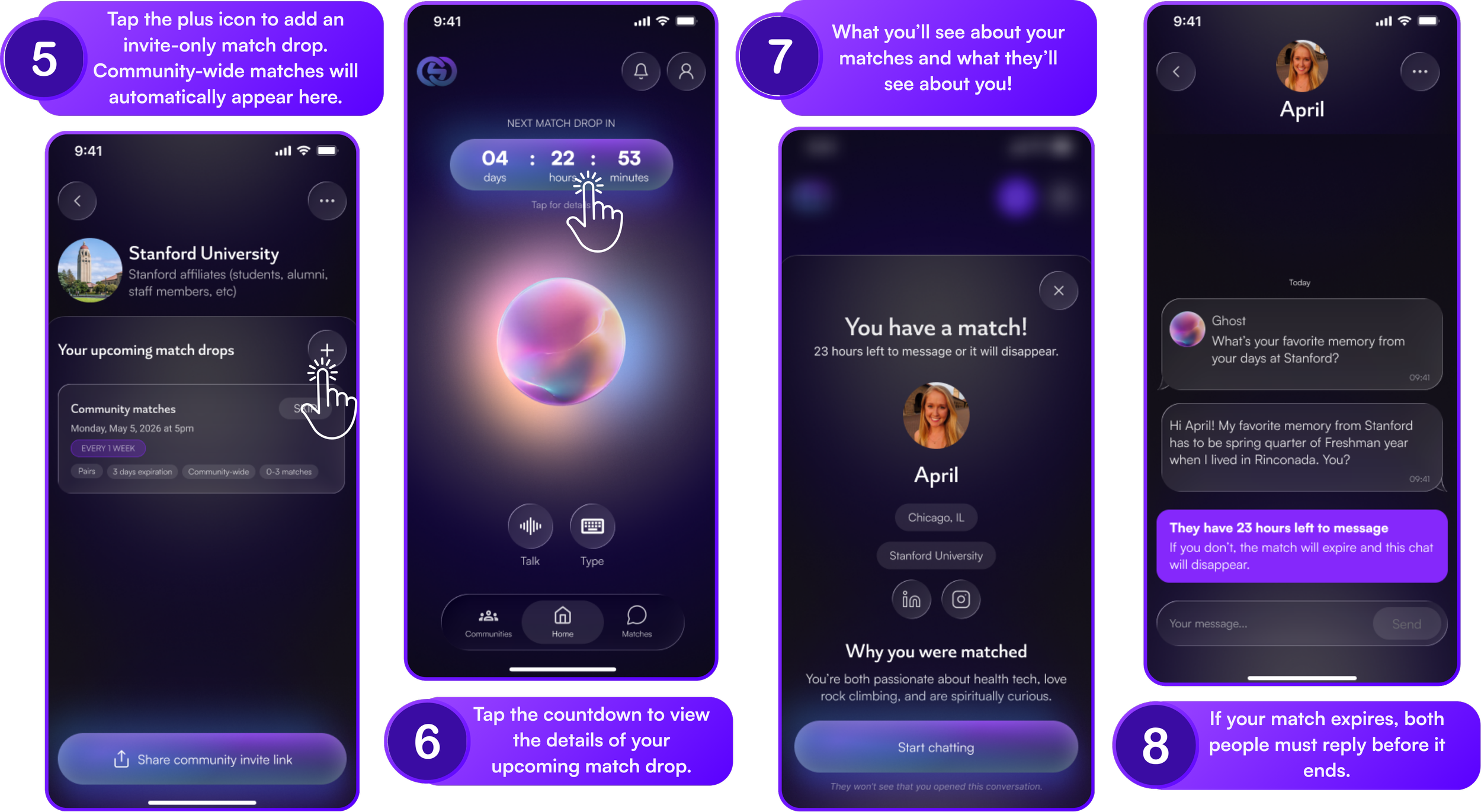 A series of smartphone screenshots showing a dating app interface with instructions on how to match with people, view details of matches, message matches, and related features. Purple, black, and gray color scheme, with text overlay explaining each step.