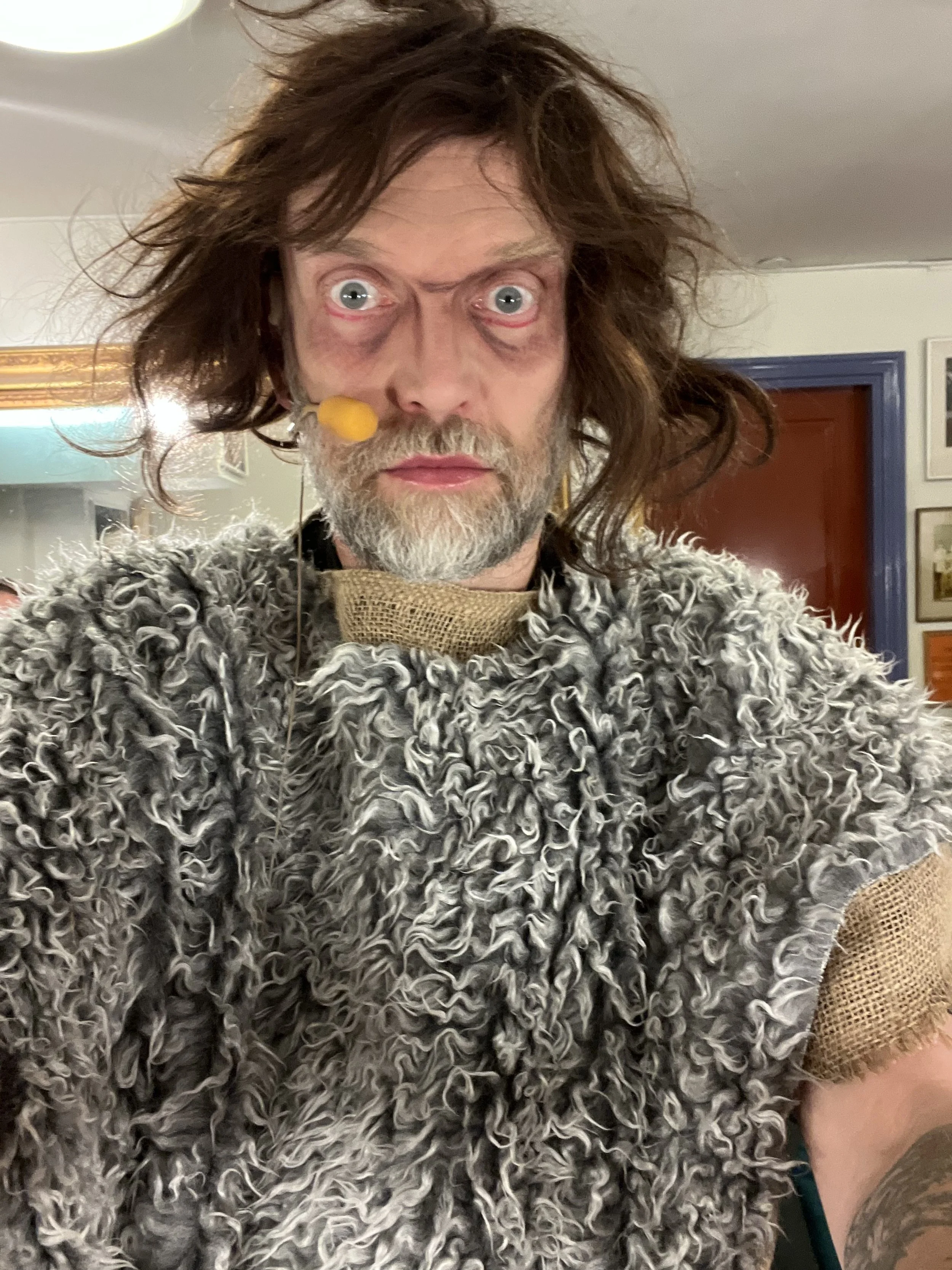 Person klädd i en fårskinnsdräkt med rufsigt hår och skägg, ser in i kameran. Bakgrunden visar en spegel och inramade bilder på väggen.