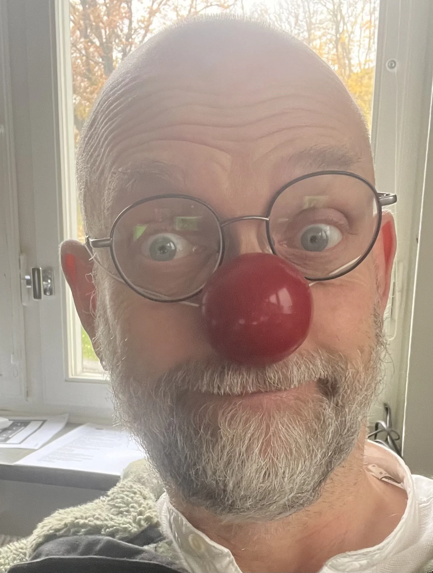 Person med glasögon och röd clownnäsa framför ett fönster.