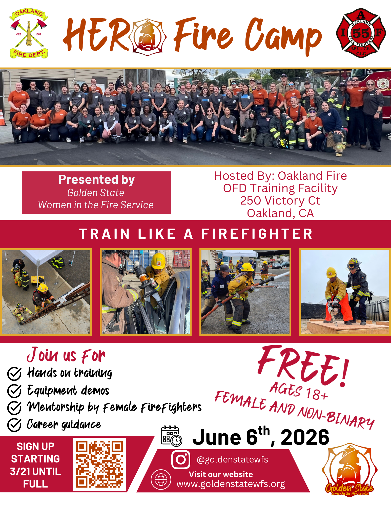 Poster advertising a fire training camp hosted by Oakland Fire Department, featuring a large group photo of firefighters and women in fire service, with smaller images showing firefighting activities, and details about the event scheduled for June 6, 2026, including sign-up information, age requirements, and social media contacts.