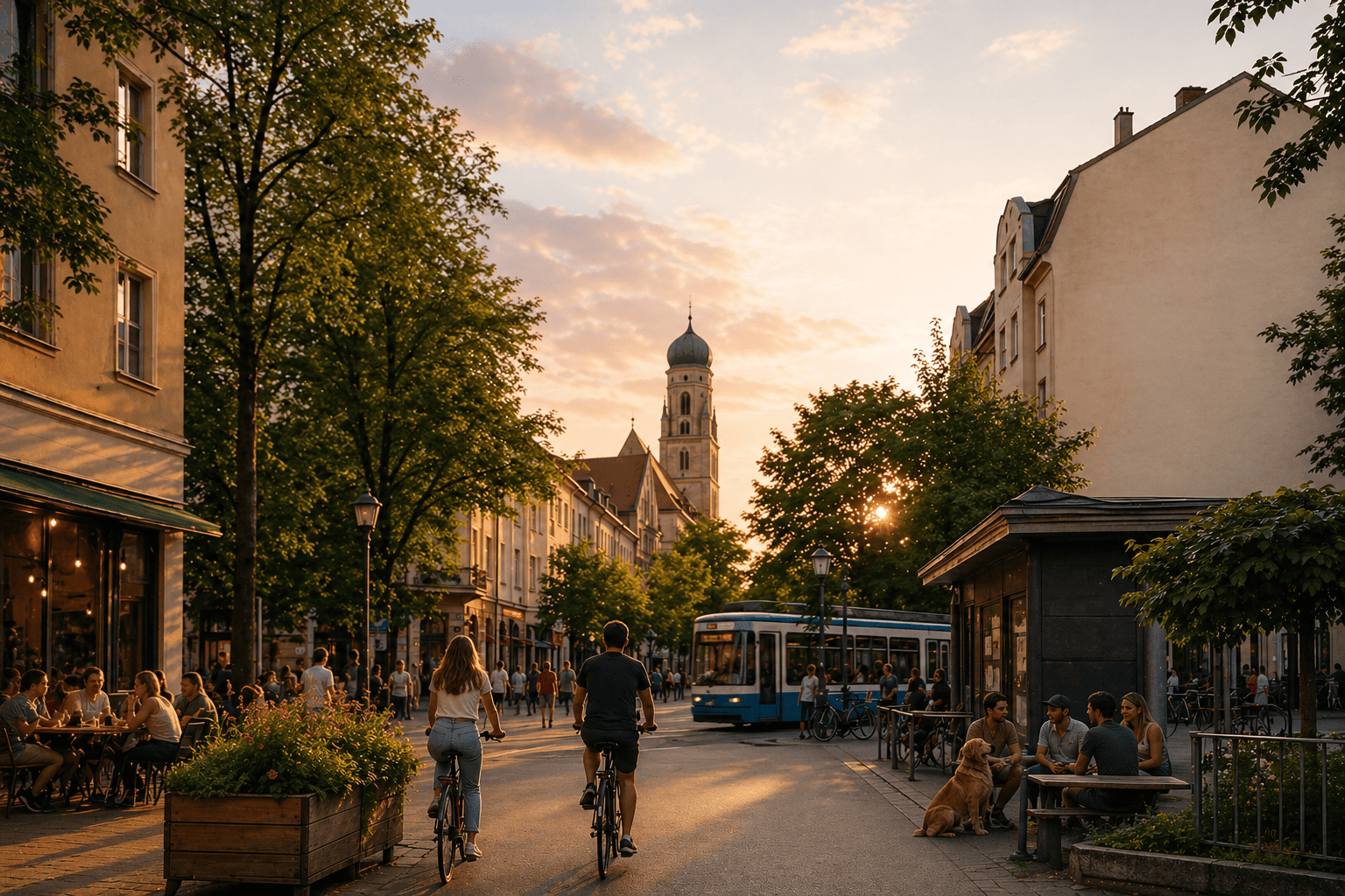 Belebte Scene mit einer Bahn in Giesing