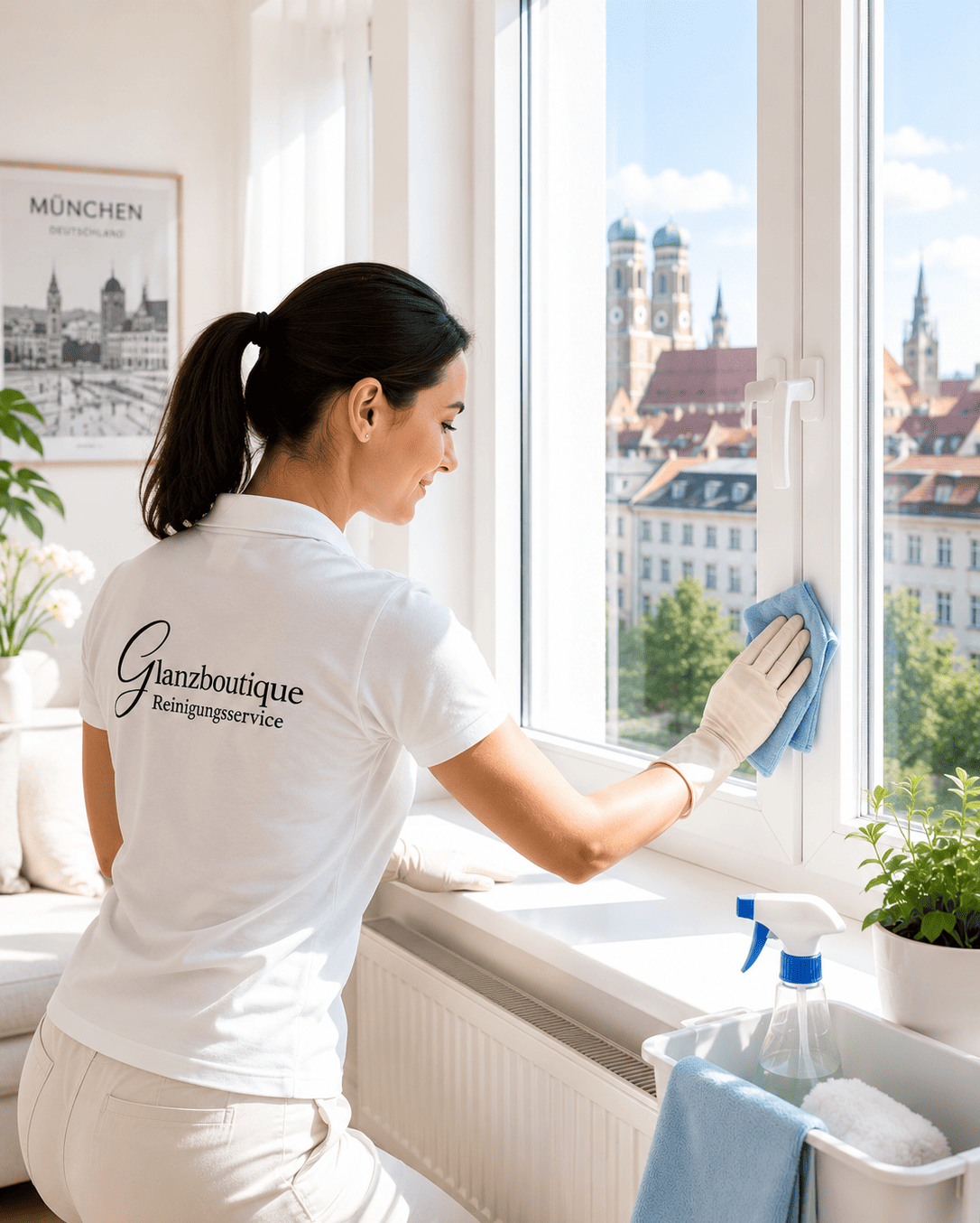 Reinigungskraft reinigt Fensterrahmen in einer Münchner Wohnung