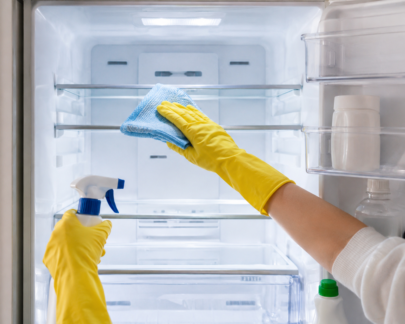 Kühlschrankreinigung Nahaufnahme mit zwei Händen beim Reinigen