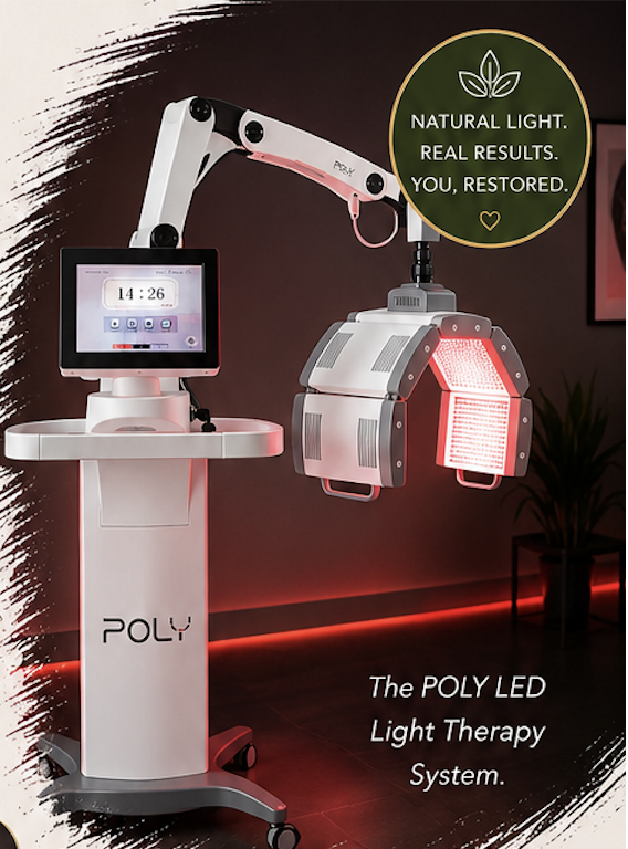 The POLY LED Light Therapy System features a robotic arm and digital control screen, used for skin treatment in a clinical setting, with a sign emphasizing natural light and restored health.