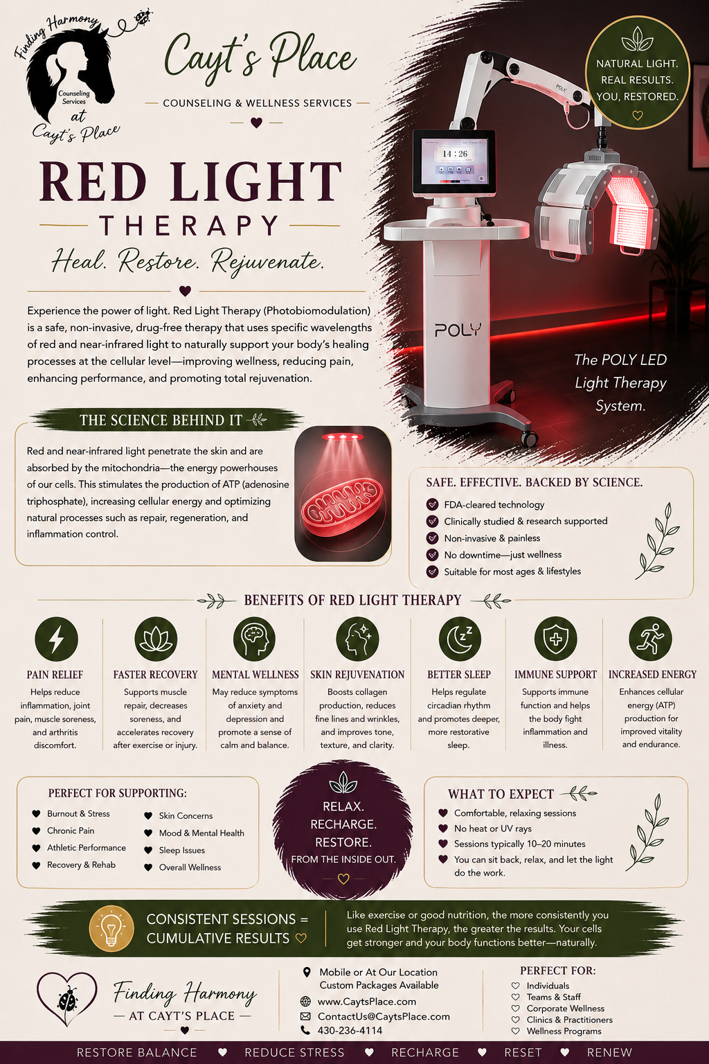 Informational poster for Cayt's Place promoting red light therapy treatment, showing a photo of the therapy machine, benefits, science behind it, and service details.