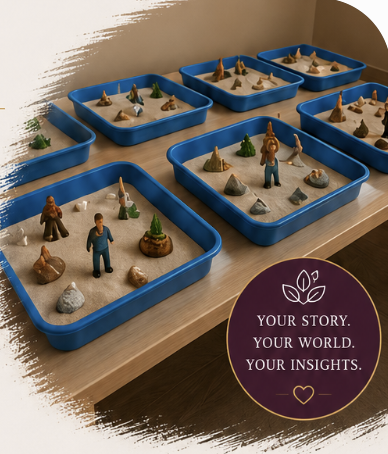 Multiple blue trays filled with sand, small toy figures, and rocks for a storytelling activity, with a purple circle in the bottom right corner containing the text 'Your story. Your world. Your insights.'
