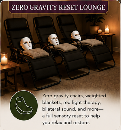 Four zero gravity chairs with masks resting on headrests in a spa room, with candles and plants, promoting relaxation and sensory reset.