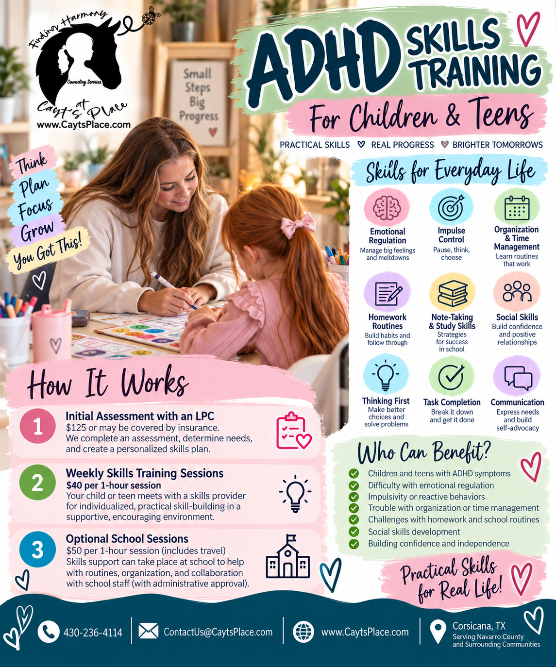 Flyer promoting ADHD skills training for children and teens, featuring a woman and child engaged in an activity, with sections about the program's methods and benefits, including assessments, training sessions, and who can benefit.