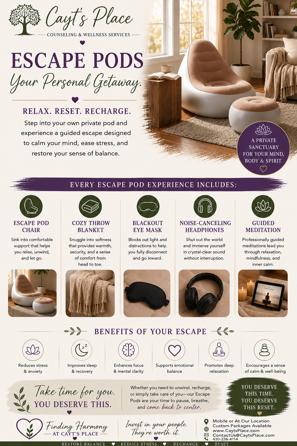 An advertisement for Cayt's Place counseling and wellness services promoting escape pods as a personal getaway. The image features a cozy interior with a modern chair, ottoman, a small wooden side table with a cup and open book, large window, and indoor plants.