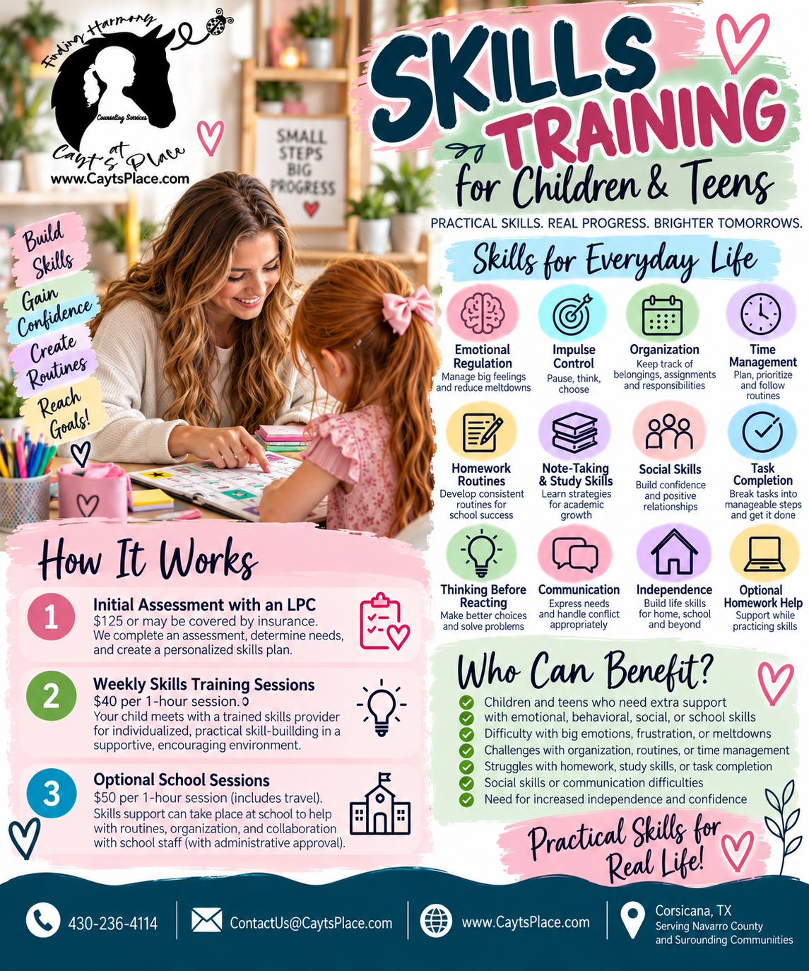 A woman and a young girl sitting at a table with colorful school supplies, smiling and engaged in a learning activity. The image promotes skills training for children and teens, listing benefits and how the program works, including assessments, weekly sessions, and optional school support. Bright, colorful text and icons highlight key skills like emotional regulation, impulse control, organization, homework routines, and social skills.
