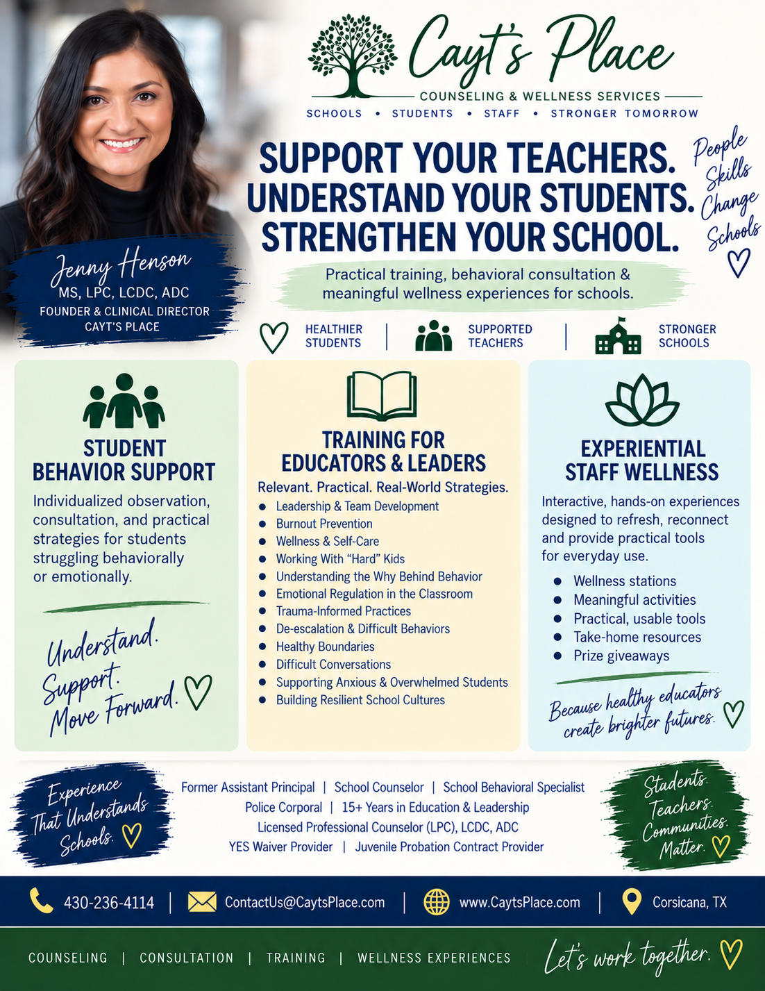 A promotional poster for Cayt's Place Counseling & Wellness Services featuring a woman smiling, with text about supporting teachers, understanding students, and strengthening schools. The poster highlights services like student behavior support, training for educators and leaders, and experiential staff wellness, with contact information and location in Corsicana, Texas.