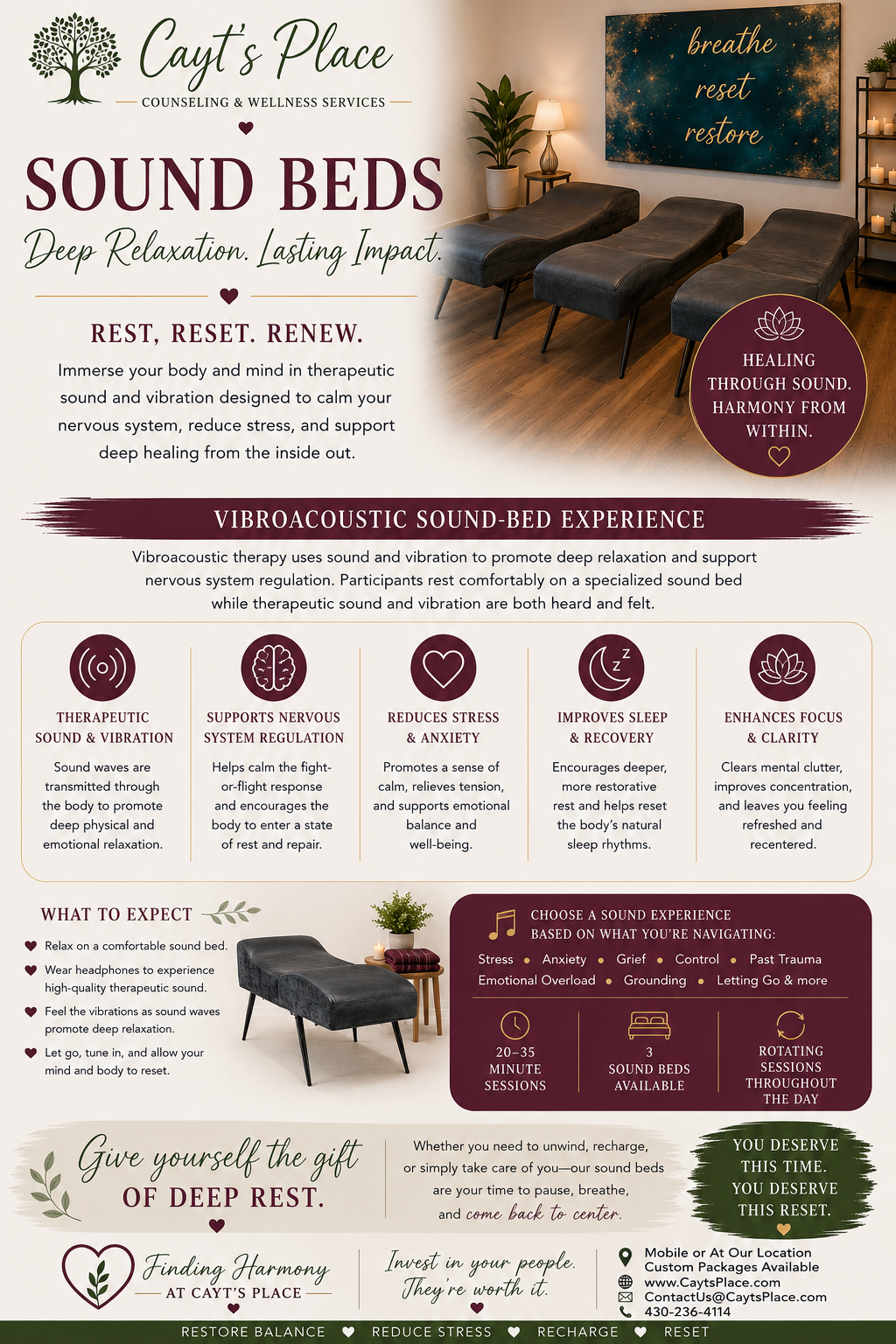 An informational poster for Cayt's Place, Counseling & Wellness Services. The poster promotes vibroacoustic sound-bed therapy for deep relaxation, stress relief, and healing. It features a photo of a therapy room with three massage tables, a large wall art that says 'breathe reset restore,' and candle-lit shelving. The poster explains the benefits of sound therapy and provides guidelines for experiencing it.