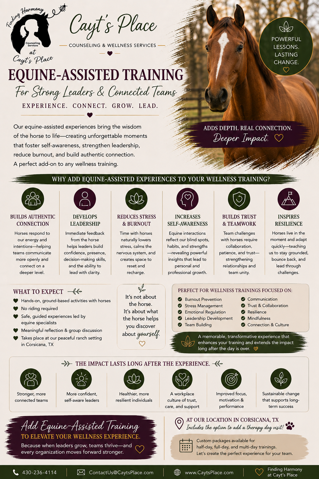 A flyer for Cayt's Place offering equine-assisted training for leadership and connection. The flyer features a horse on the right and details on the benefits of equine experiences, including building trust, reducing stress, and developing leadership. It emphasizes the importance of personal discovery and wellness, with contact information at the bottom.