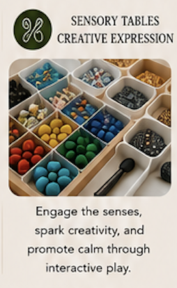 Sensory tables with colorful objects for engaging senses, creativity, and calm through interactive play.