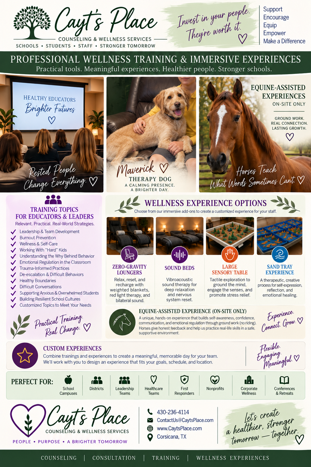 An informational flyer for Cayt's Place Counseling & Wellness Services, featuring images of a therapy dog, a horse, an audience watching a presentation, and wellness therapy options like zero-gravity loungers and sound beds. The flyer highlights training topics, wellness experiences, customizable experiences, and contact information.
