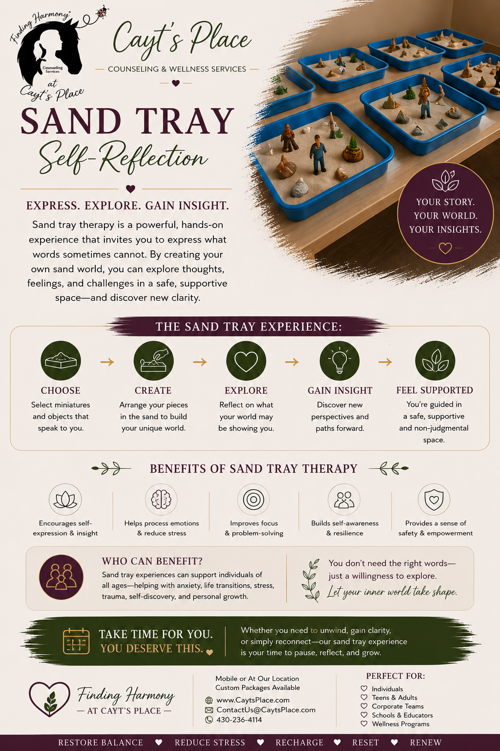Informational poster about sand tray therapy at Cayt's Place, featuring various sand trays with miniature figures and objects, describing the process and benefits of self-reflection through sand tray therapy.