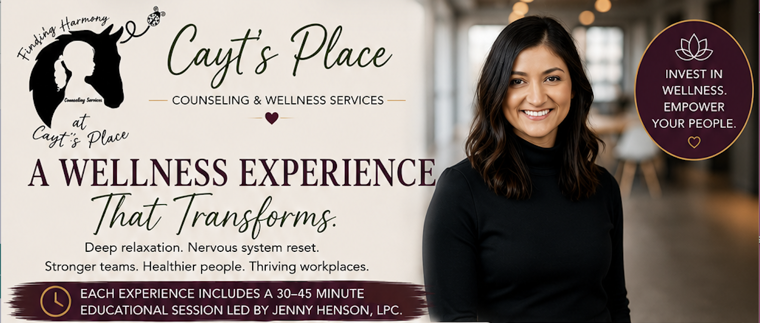 Promotional banner for Cayt's Place counseling and wellness services featuring a smiling woman with dark hair in a black top, and text promoting a wellness experience that transforms with deep relaxation and nervous system reset, held by Jenny Henson, LPC.