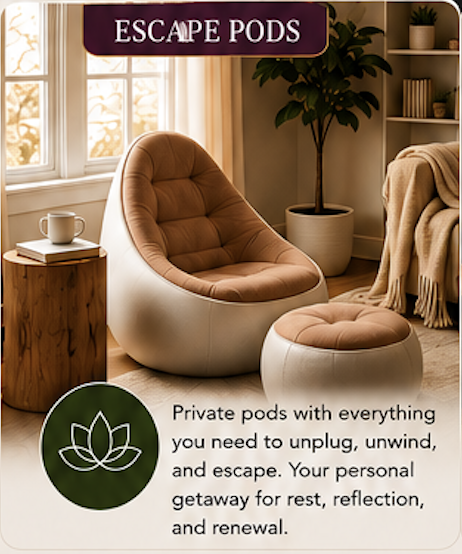 A cozy room with a beige chair and ottoman, a wooden side table with a mug, a potted plant, and a bookshelf, promoting escape pods for relaxation and reflection.