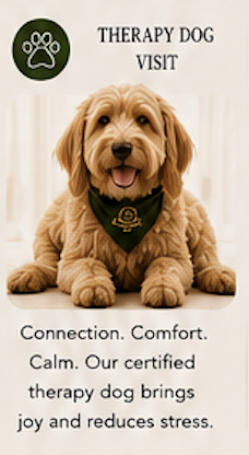 A golden retriever puppy wearing a green bandana, sitting in front of a white background, with text about therapy dog services including logo, and message about connection, comfort, and reducing stress.