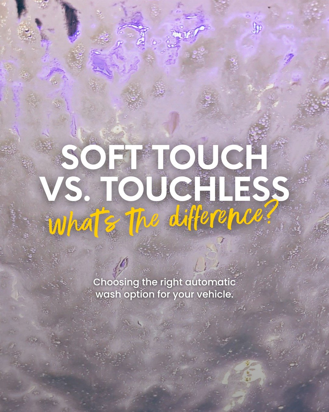 Ever pull up and blank on which wash to pick? Here's a mini guide to help you choose. 🫧

Touchless is your quick, no contact clean. It uses only high pressure water and cleaning agents, no brushes required!

Soft touch uses foam brushes and gives yo