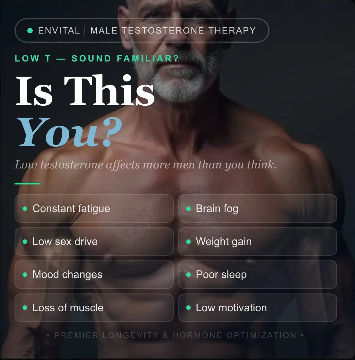 After 30, your testosterone drops about 1% every year.

That&rsquo;s not just a number &mdash; it&rsquo;s your energy, your drive, your strength, your sleep, your mood.

Most men just accept it as part of aging &mdash; or andropause. They don&rsquo;t