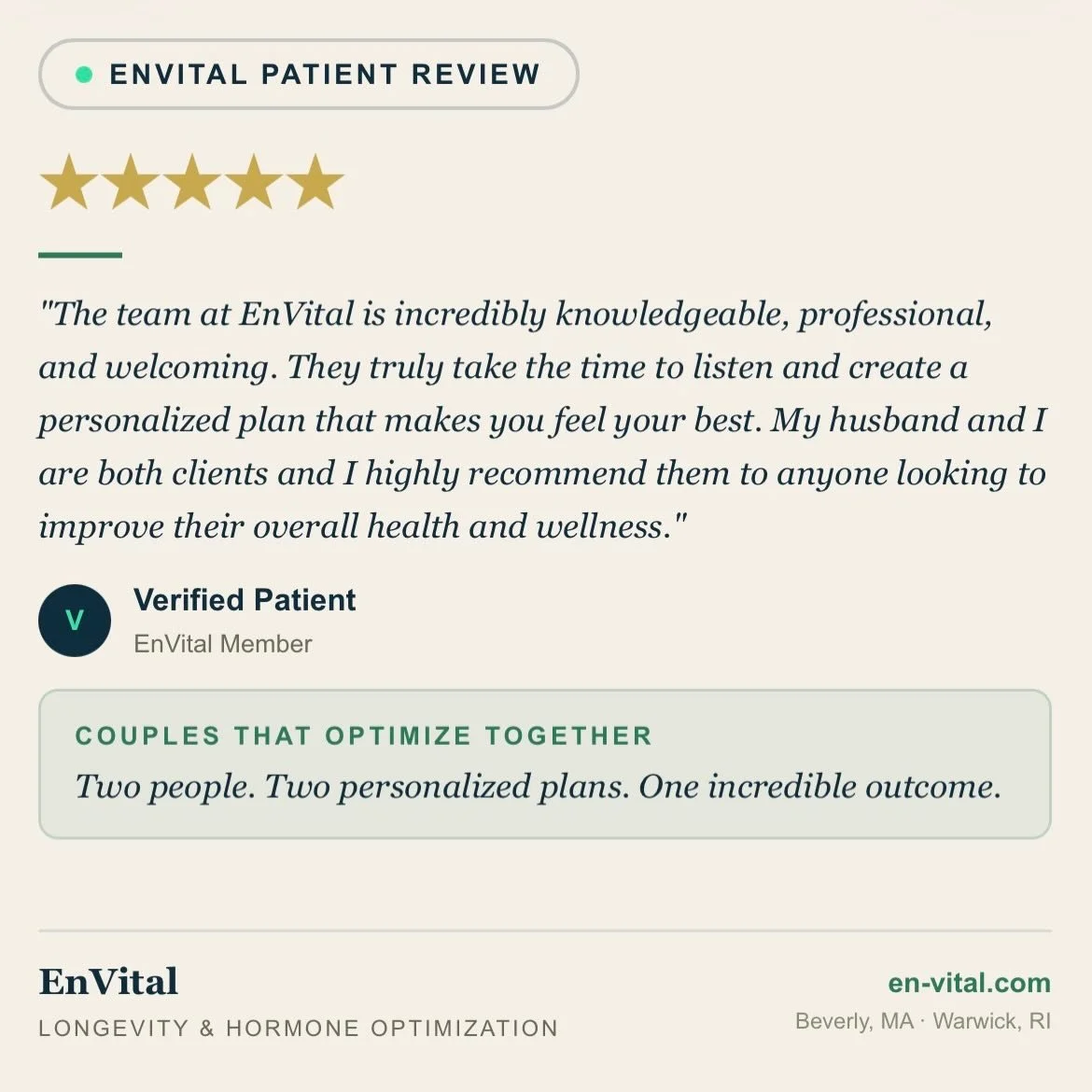 Couples that optimize together, thrive together. 💙

We love when partners take the wellness journey side by side &mdash; and this 5-star review says it all.

⭐⭐⭐⭐⭐

At EnVital, we truly appreciate that when both partners feel their best, everything 