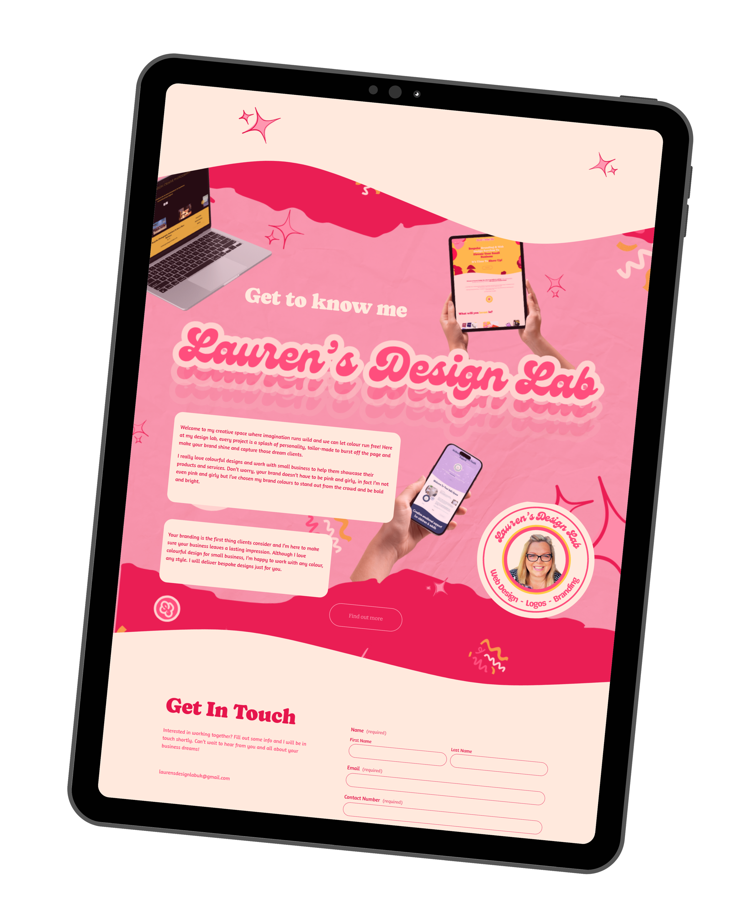 Digital design portfolio website homepage for Lauren's Design Lab, featuring pink and beige color scheme, images of laptops and smartphones, and a photo of a woman smiling.