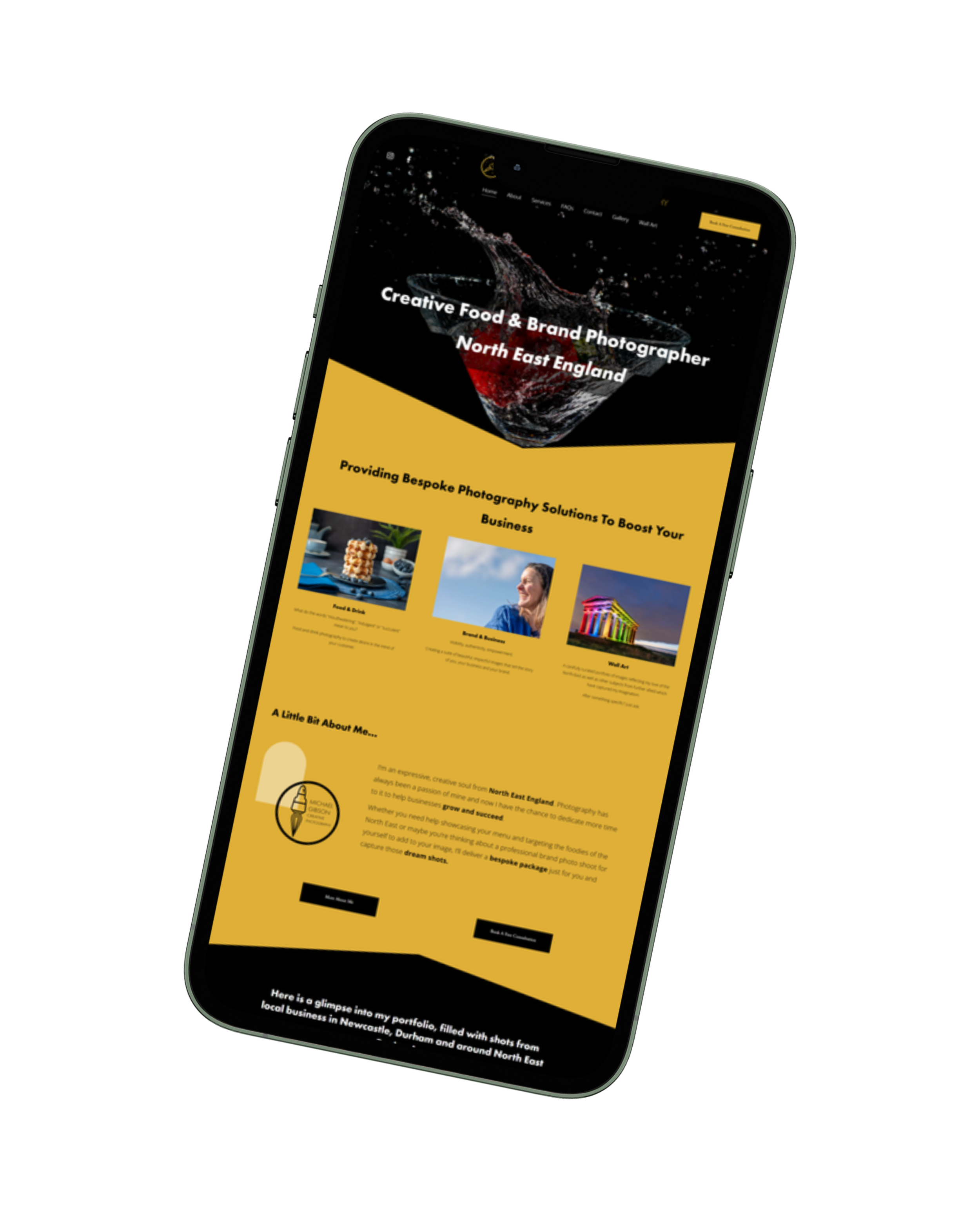 Mobile phone displaying a photography portfolio website with a black top section, a yellow middle section with images and text about photography services, and a black footer section.