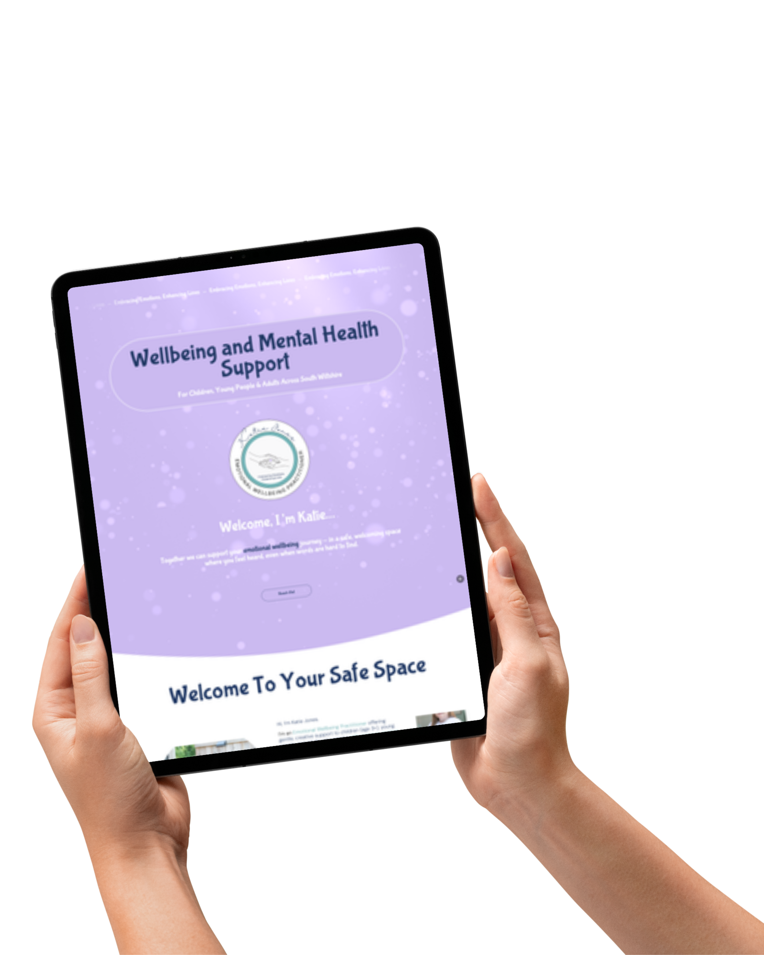 A person holding a tablet displaying a webpage titled "Wellbeing and Mental Health Support," with a purple background, circular logo, and welcome message.