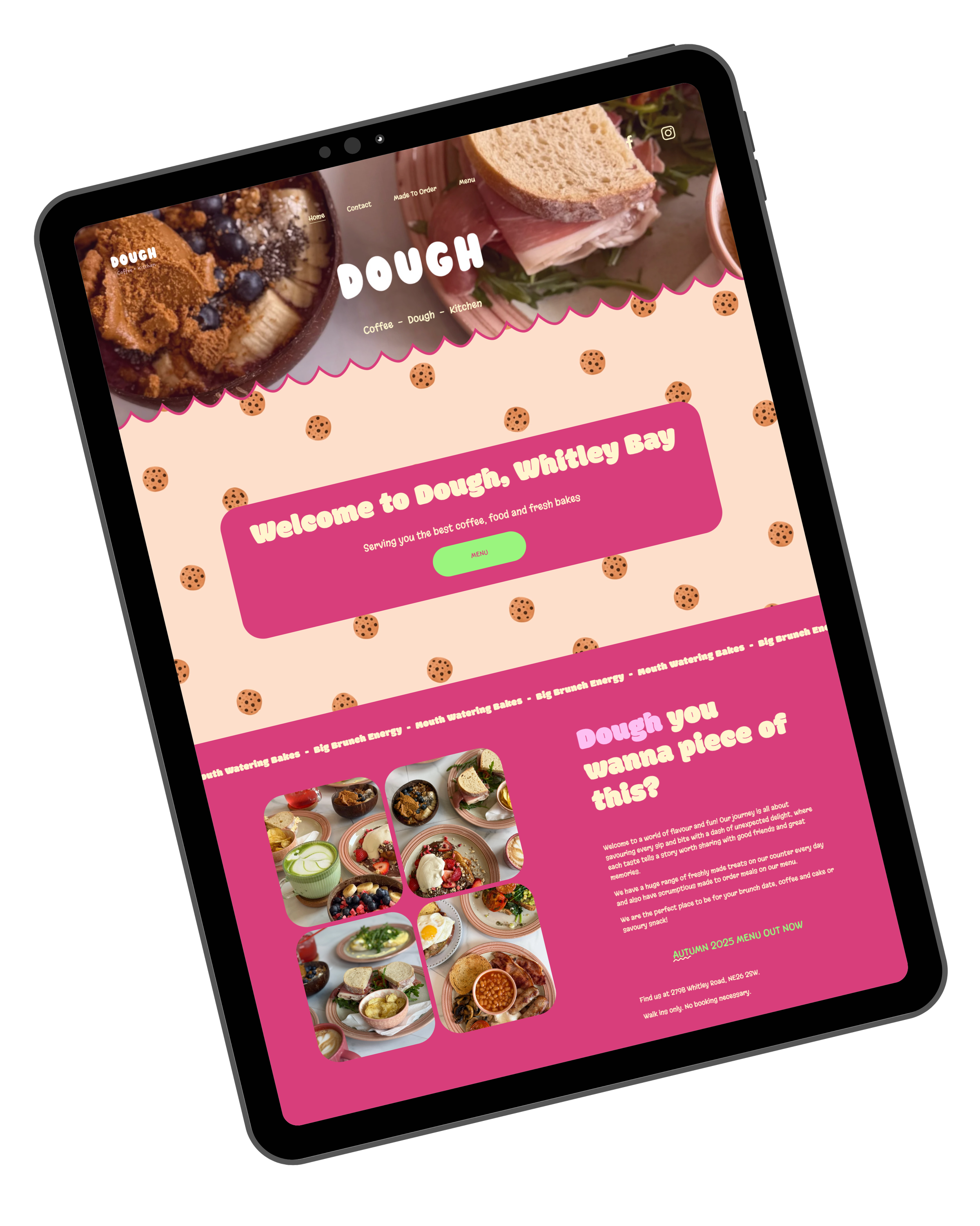 A tablet displaying a website for a bakery named Dough, Whitley Bay, with pink and beige polka dot background, pictures of baked goods, and text about their menu and offerings.
