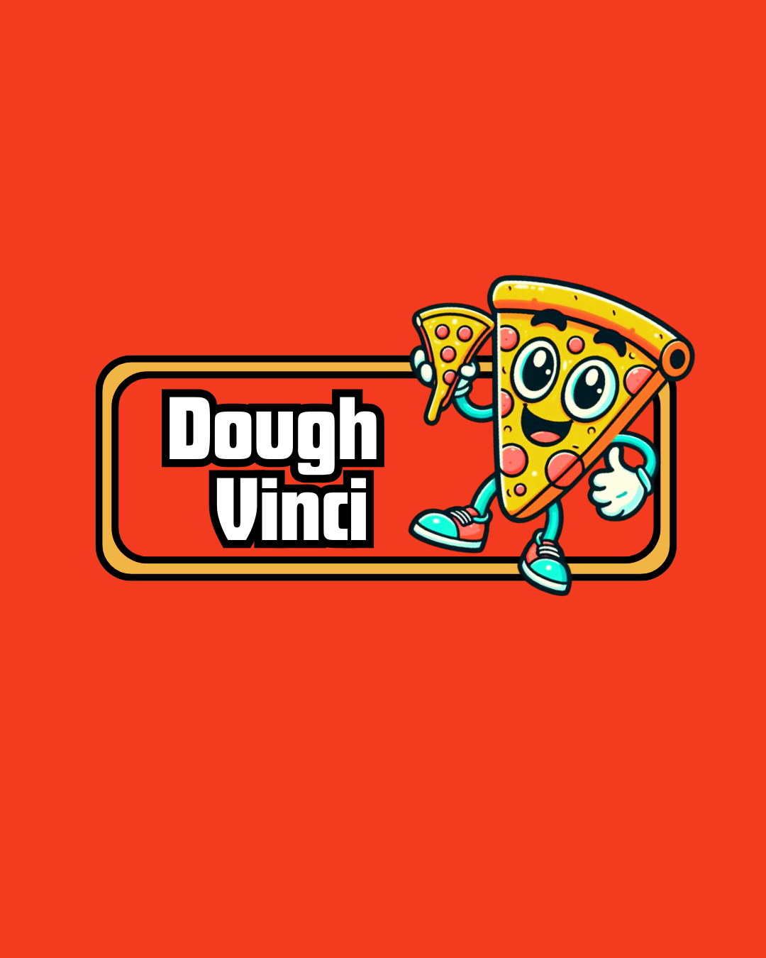 A cartoon slice of pizza with big eyes, a wide smile, and blue arms and legs. The pizza is holding a smaller slice and giving a thumbs up, with a red background and a logo reading 'Dough Vindi'.
