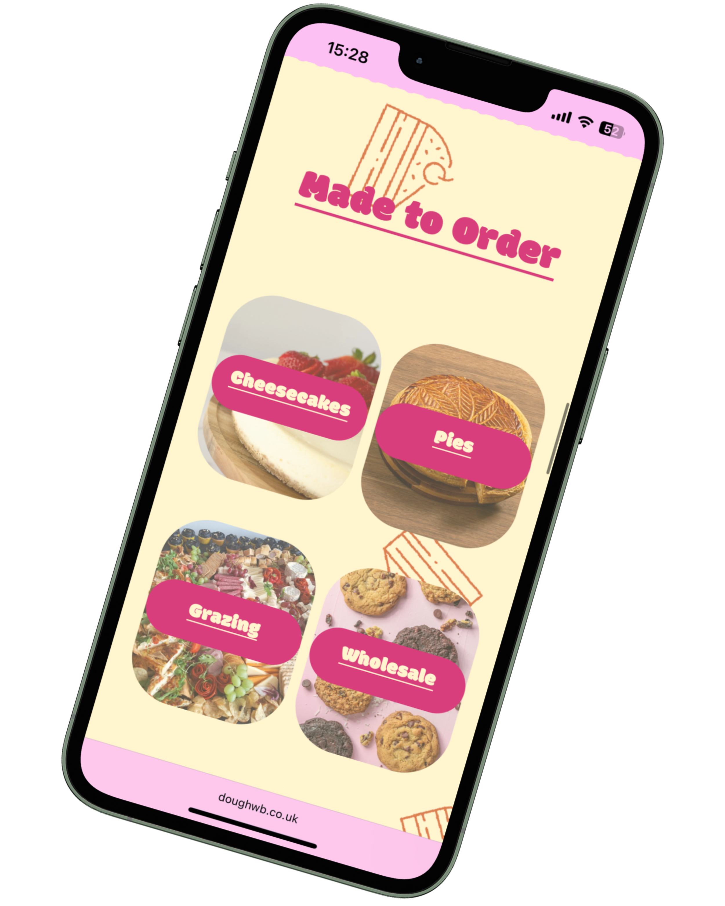 Mobile phone screen showing a website for custom baked goods with options for cheesecakes, pies, grazing, and wholesale. The background has a pastel yellow color with a pink header and footer.